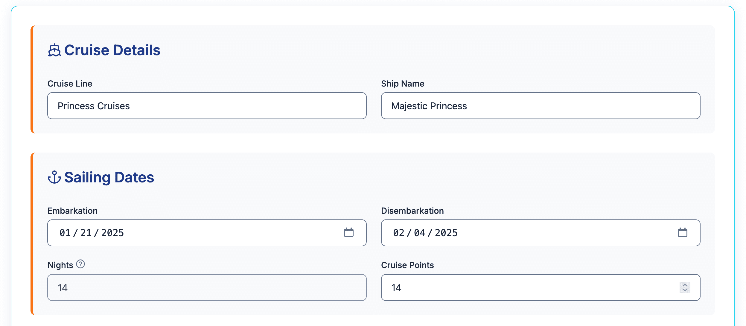 Cruise logging form screenshot